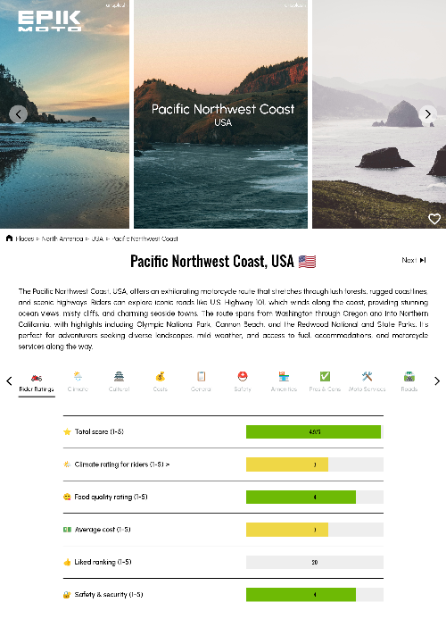 Screenshot showing the EPIKMoto details page for Pacific Northwest Coast in the USA which is one of the worlds greatest motorcycle destination