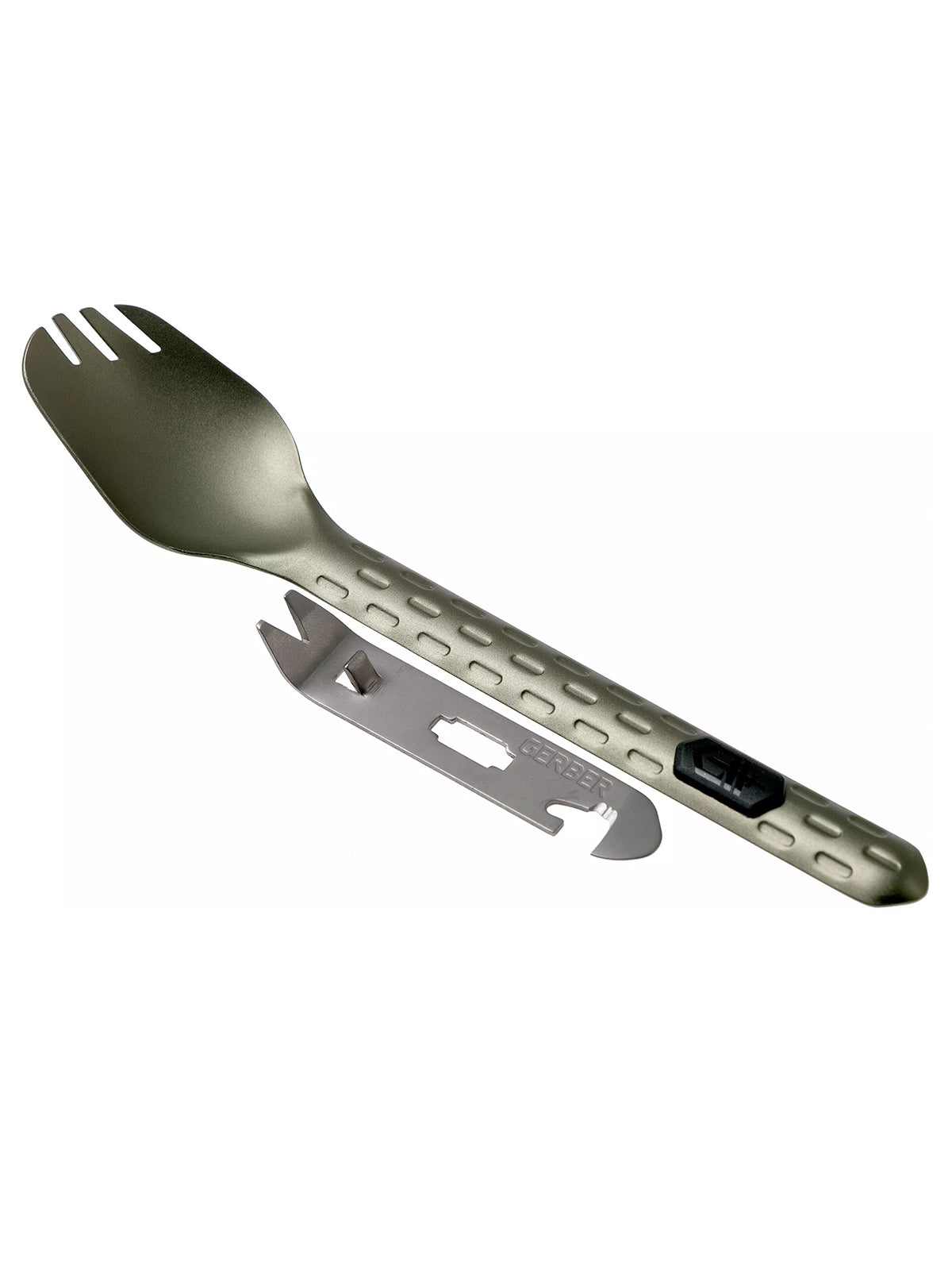 isometric view of Gerber Devour Cook Eat Clean Spork with tool
