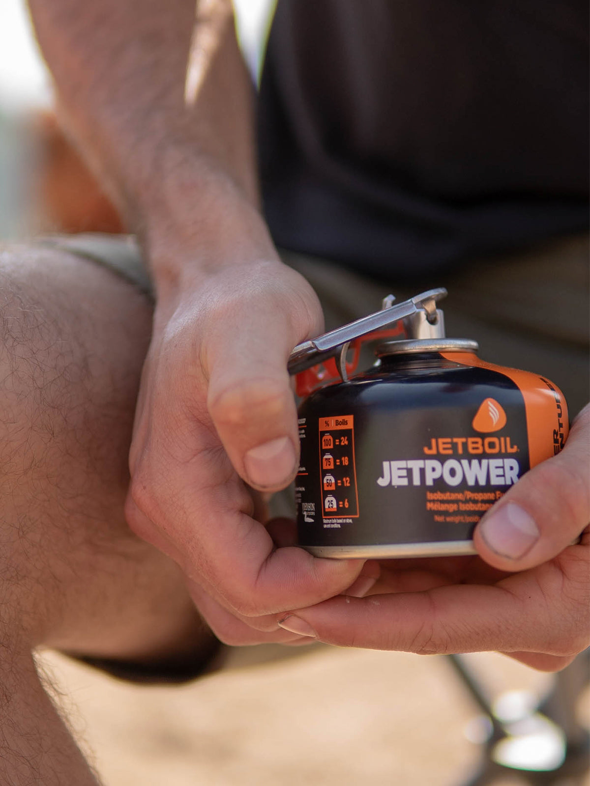 Jetboil CrunchIt Fuel Can Recycling Tool being used on gas bottle