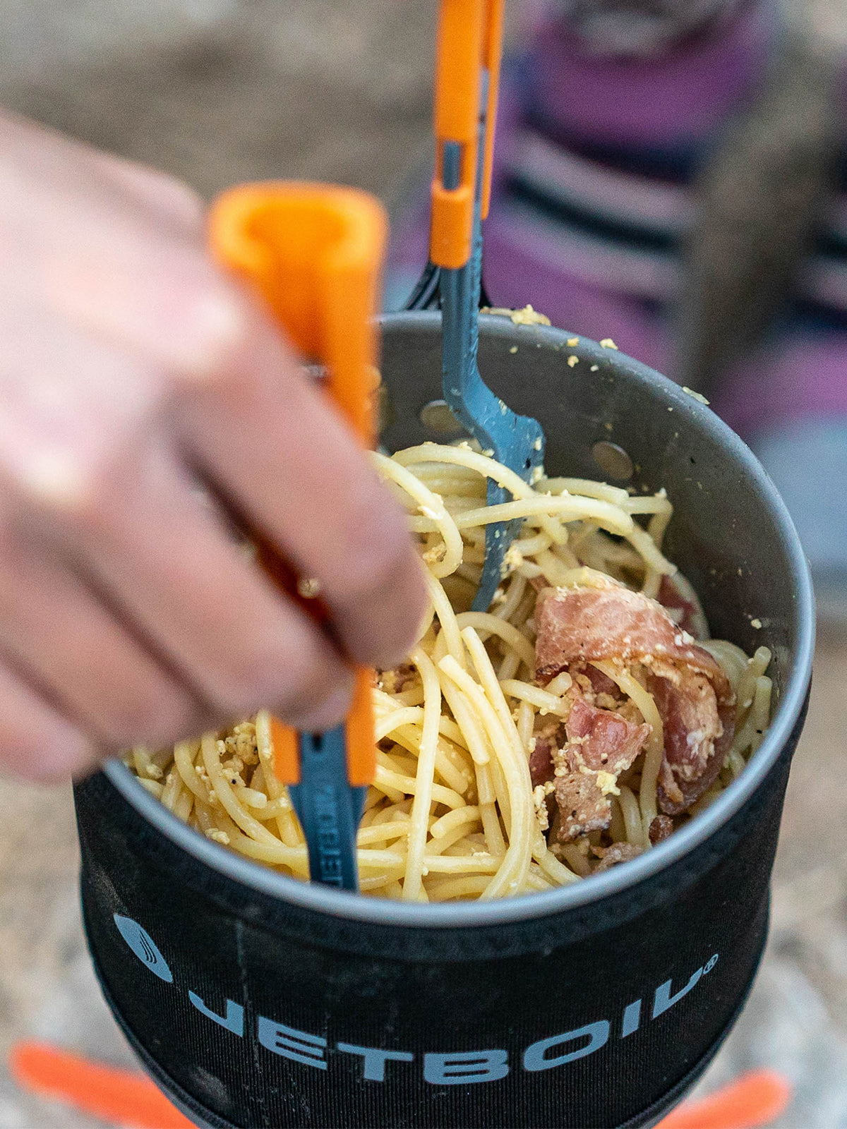 Jetboil MINIMO Charcoal Cooking Spaghetti and bacon