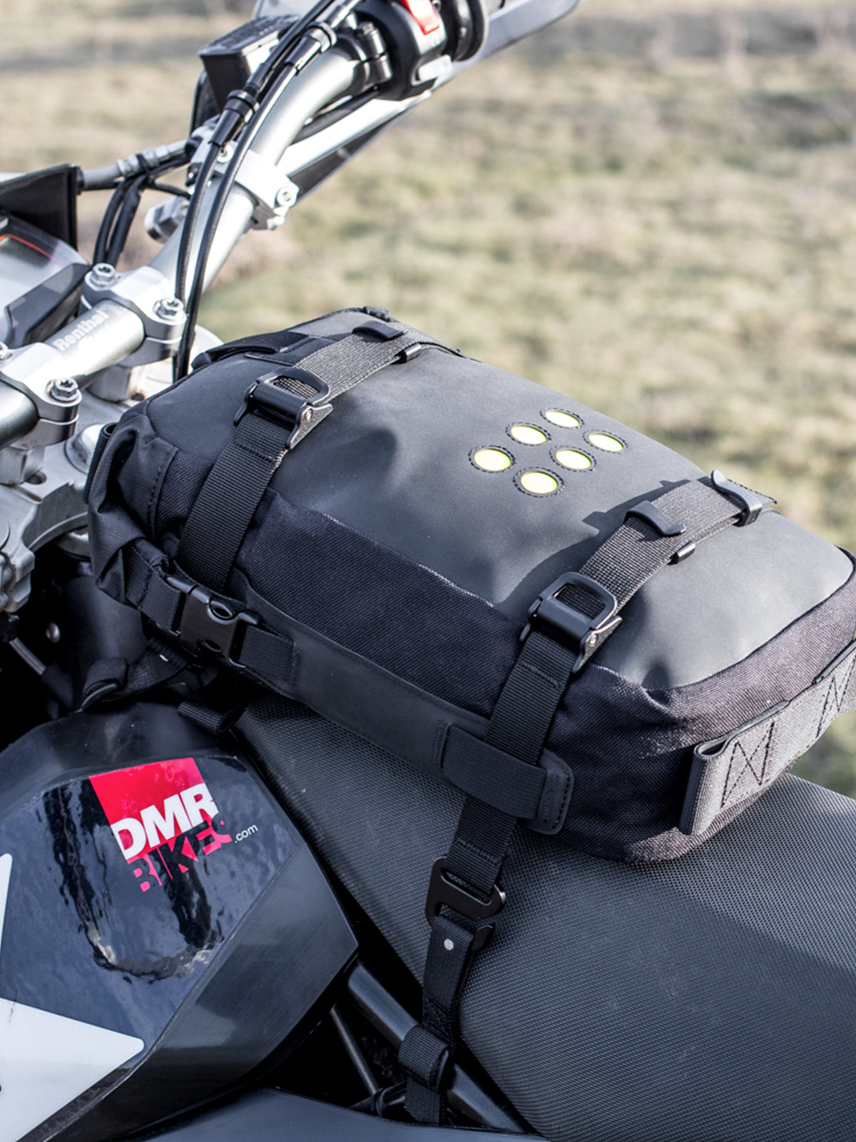 Kriega OS-6 Adventure Pack attached over fuel tank