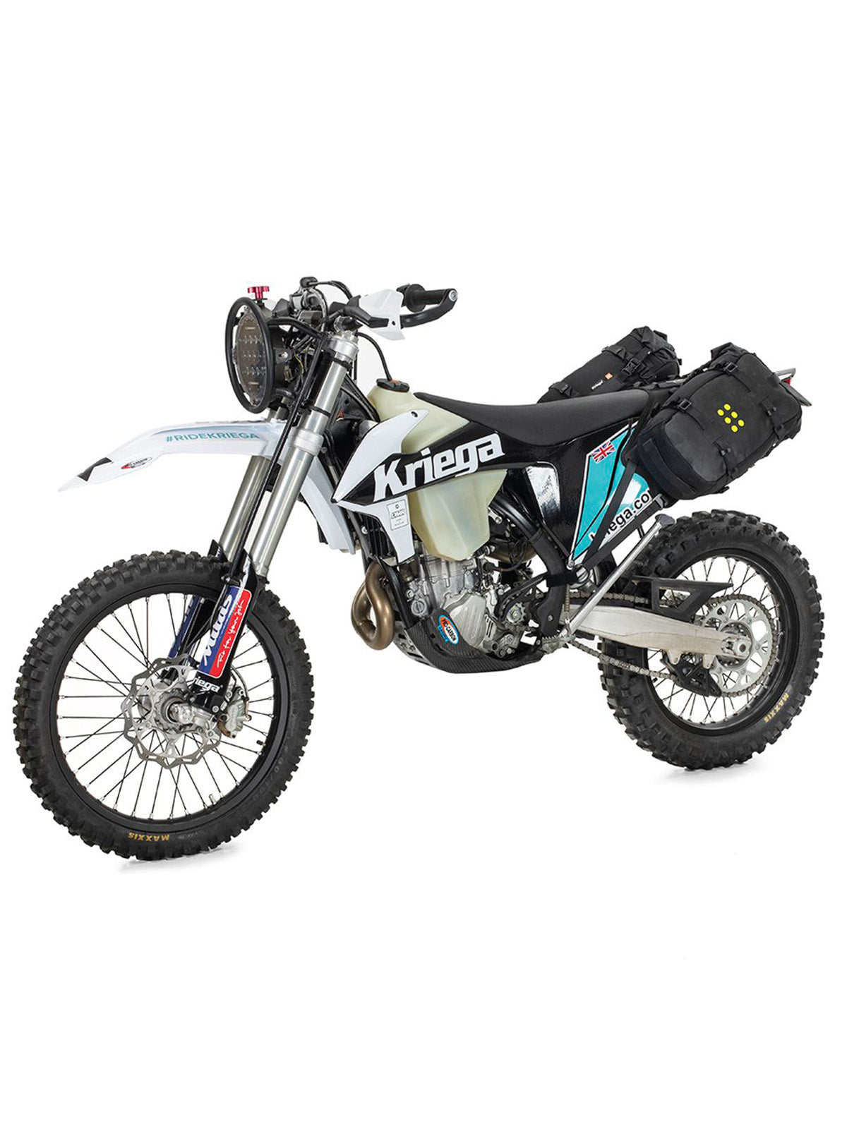 Kriega OS BASE Dirtbike on motorcycle with two OS6 adventure packs