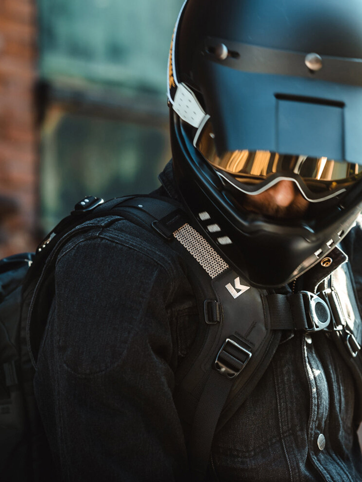 front view of motorcycle rider wearing Kriega R22 Backpack