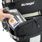 putting a bottle of oil in the Kriega R30 Backpack front pocket 
