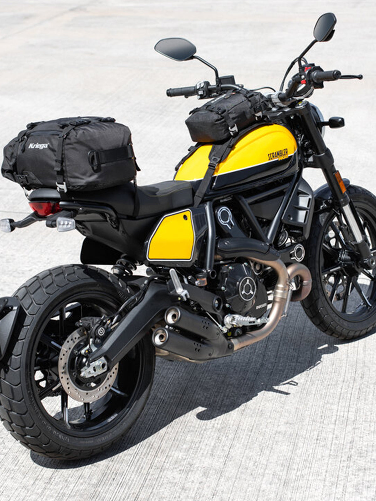 view of motorcycle with Kriega Tank US Drypack Converter attached