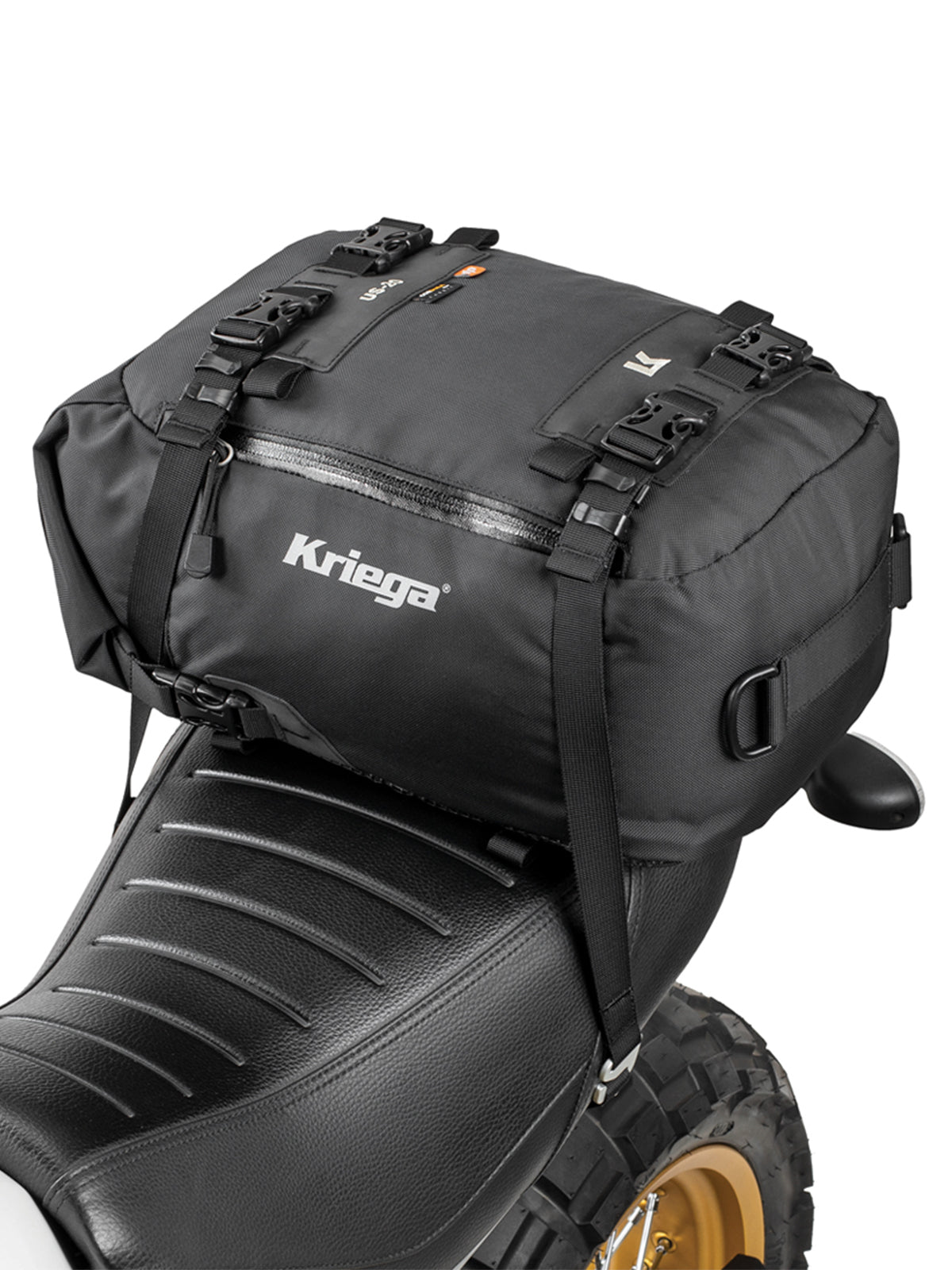 Kriega US20 Drypack attached to rear of motorbike