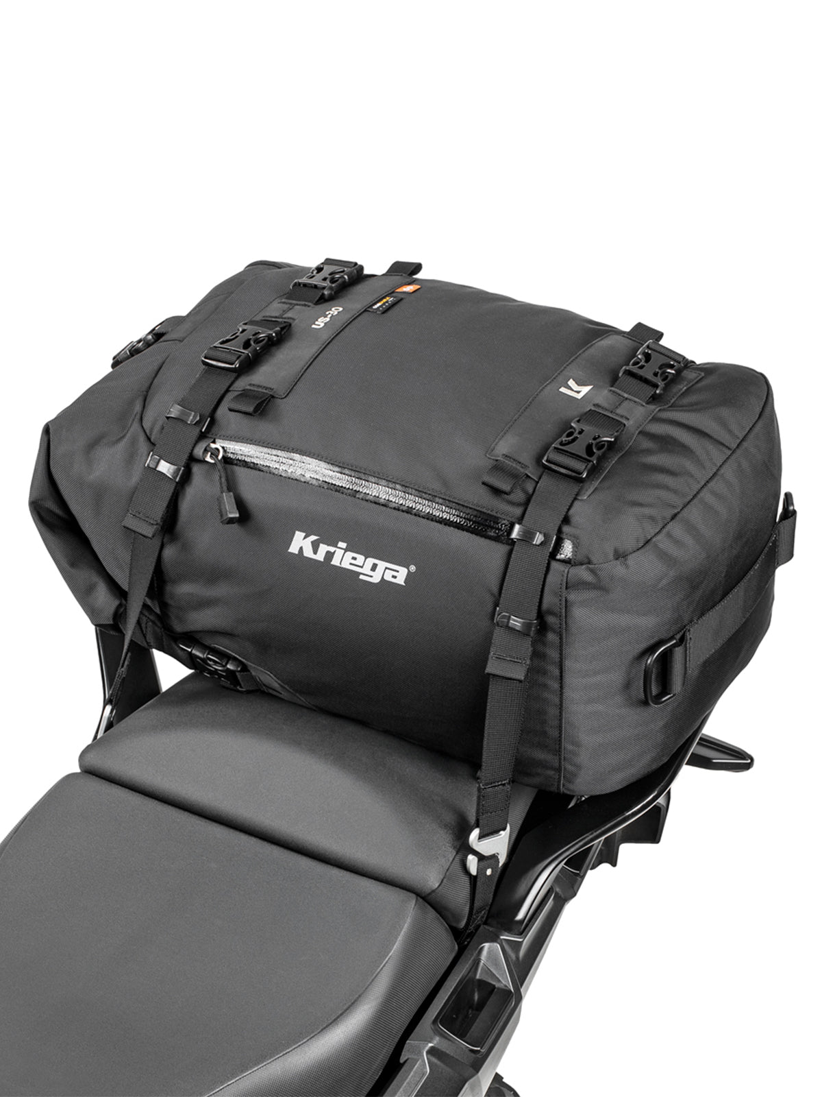 Kriega US30 Drypack attached to rear of motorbike