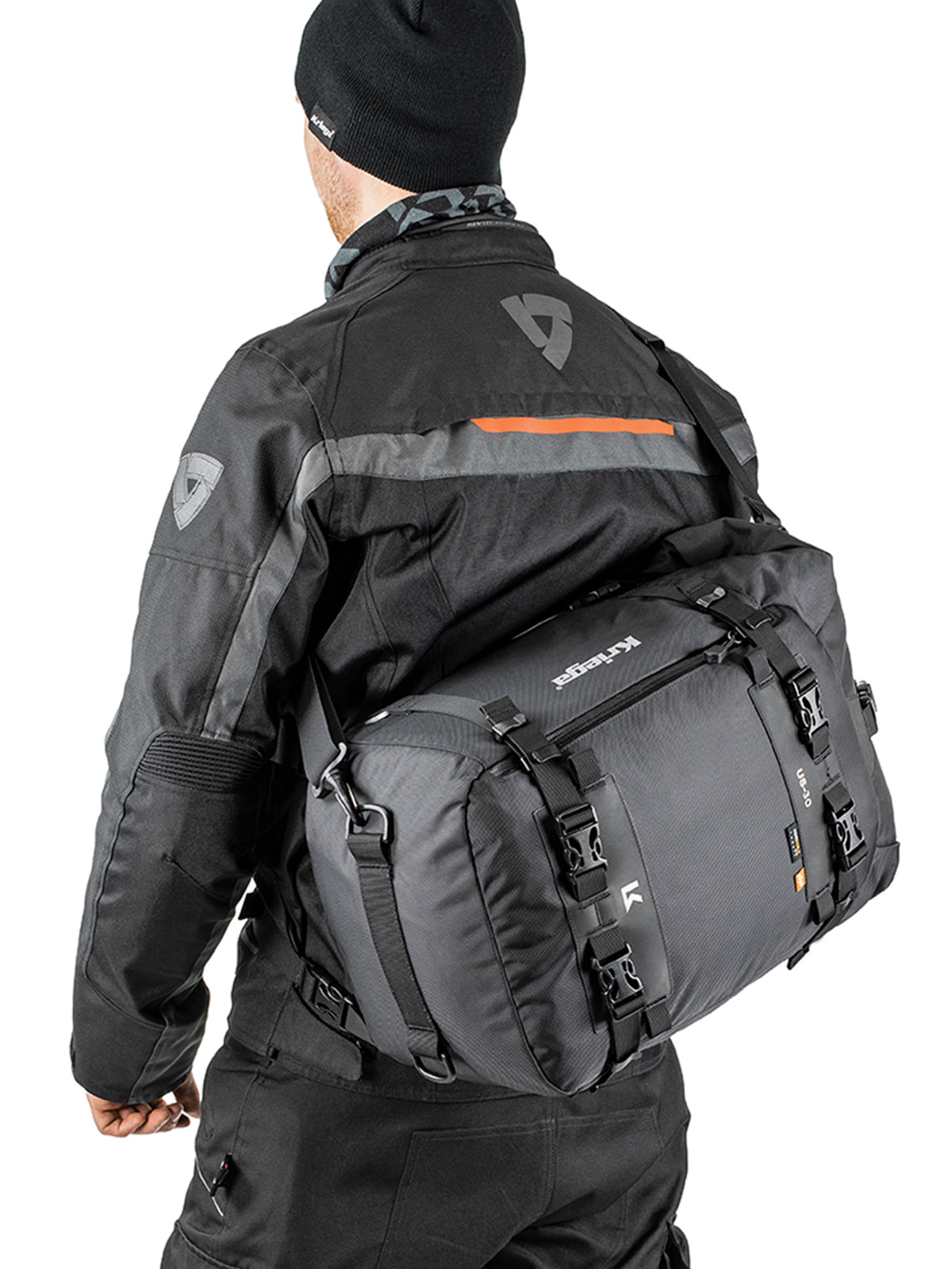 rider wearing Kriega US30 Drypack with shoulder strap