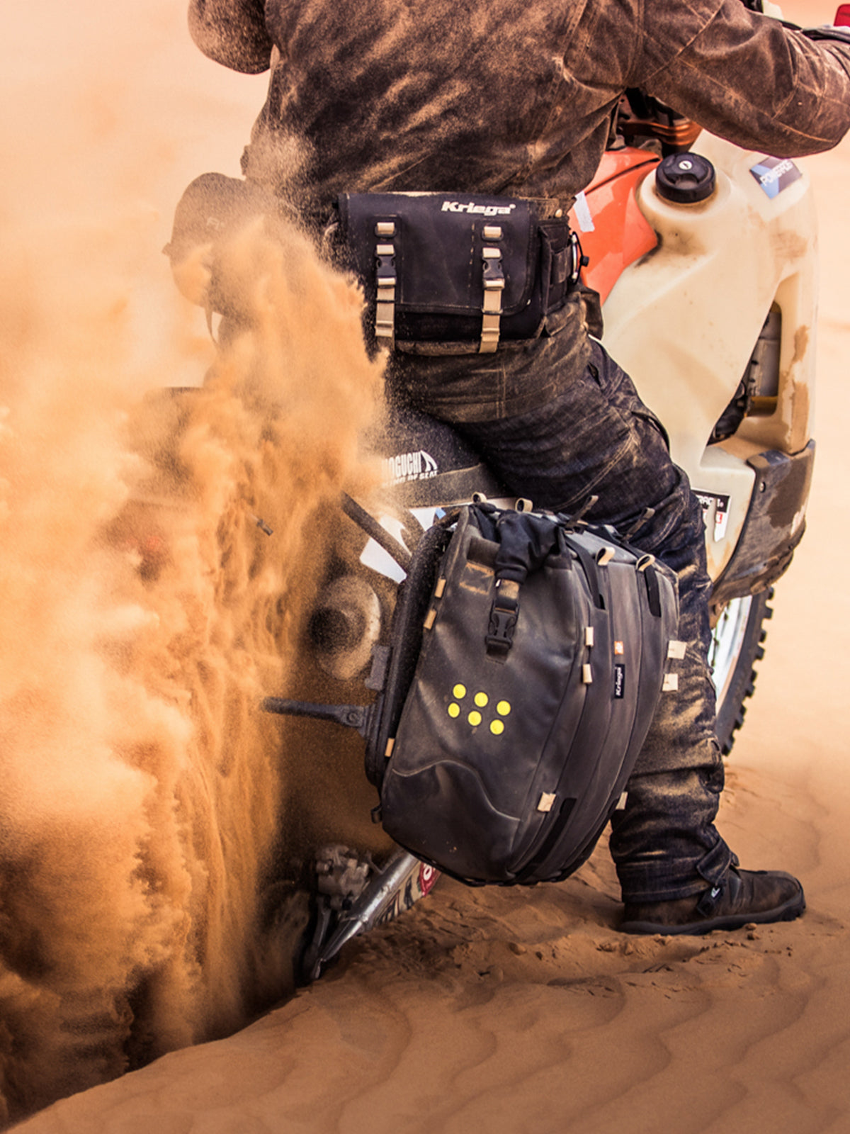 Kriega OS-32 Soft Pannier on motorcycle in the sand