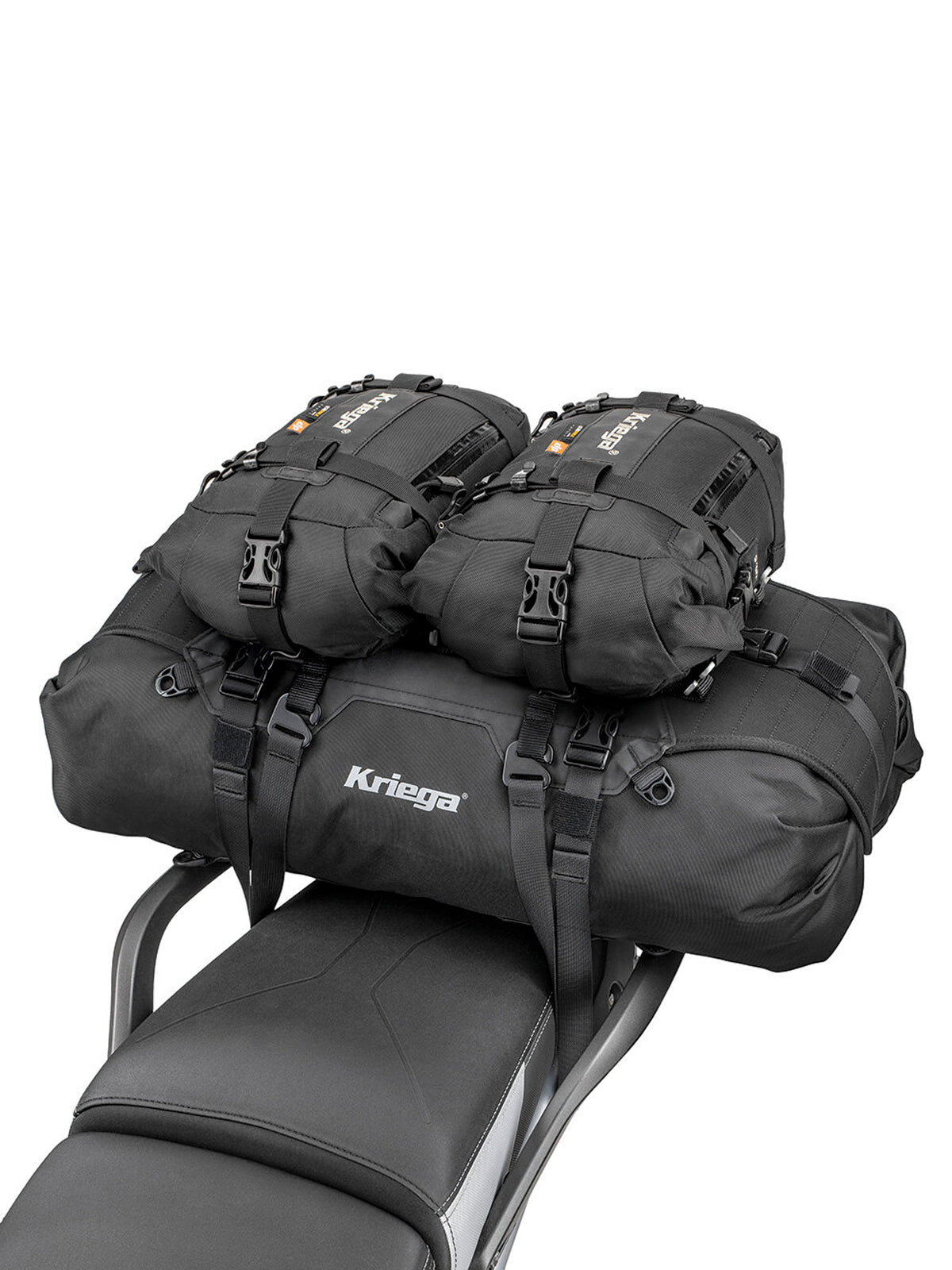 Kriega US40 Drypack Rackpack with two adventure packs attached