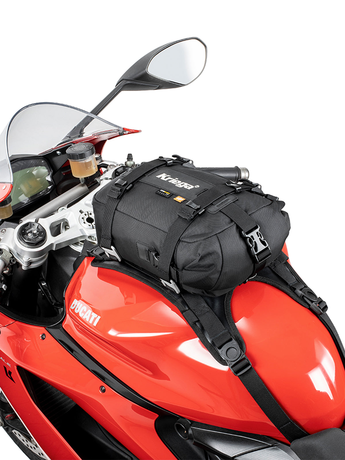Kriega US5 Drypack fitted to motorcycle tank