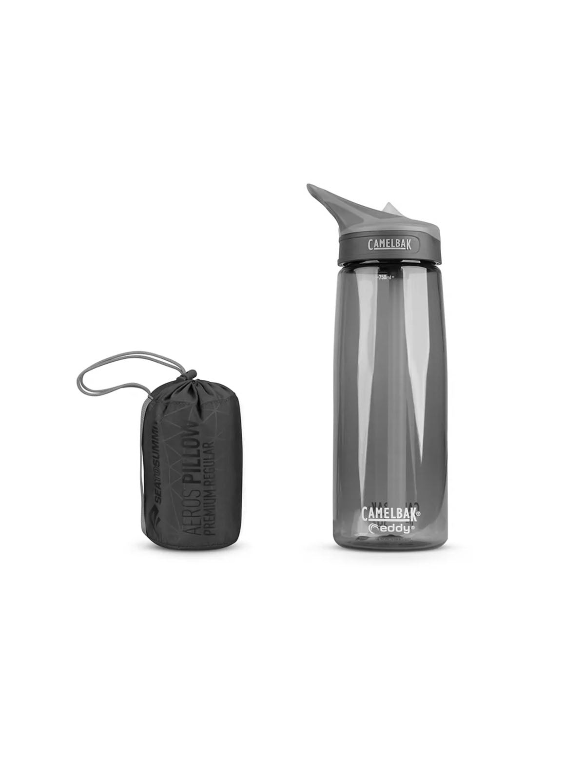 Sea To Summit Aeros Premium Pillow packed next to drinks bottle