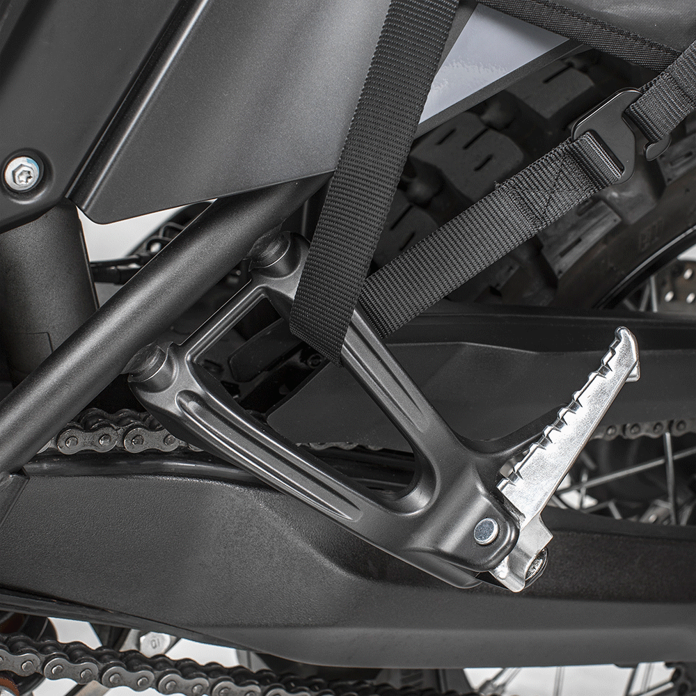 Kriega OS Footrest Eliminator Yamaha T7 showing strapped to bike
